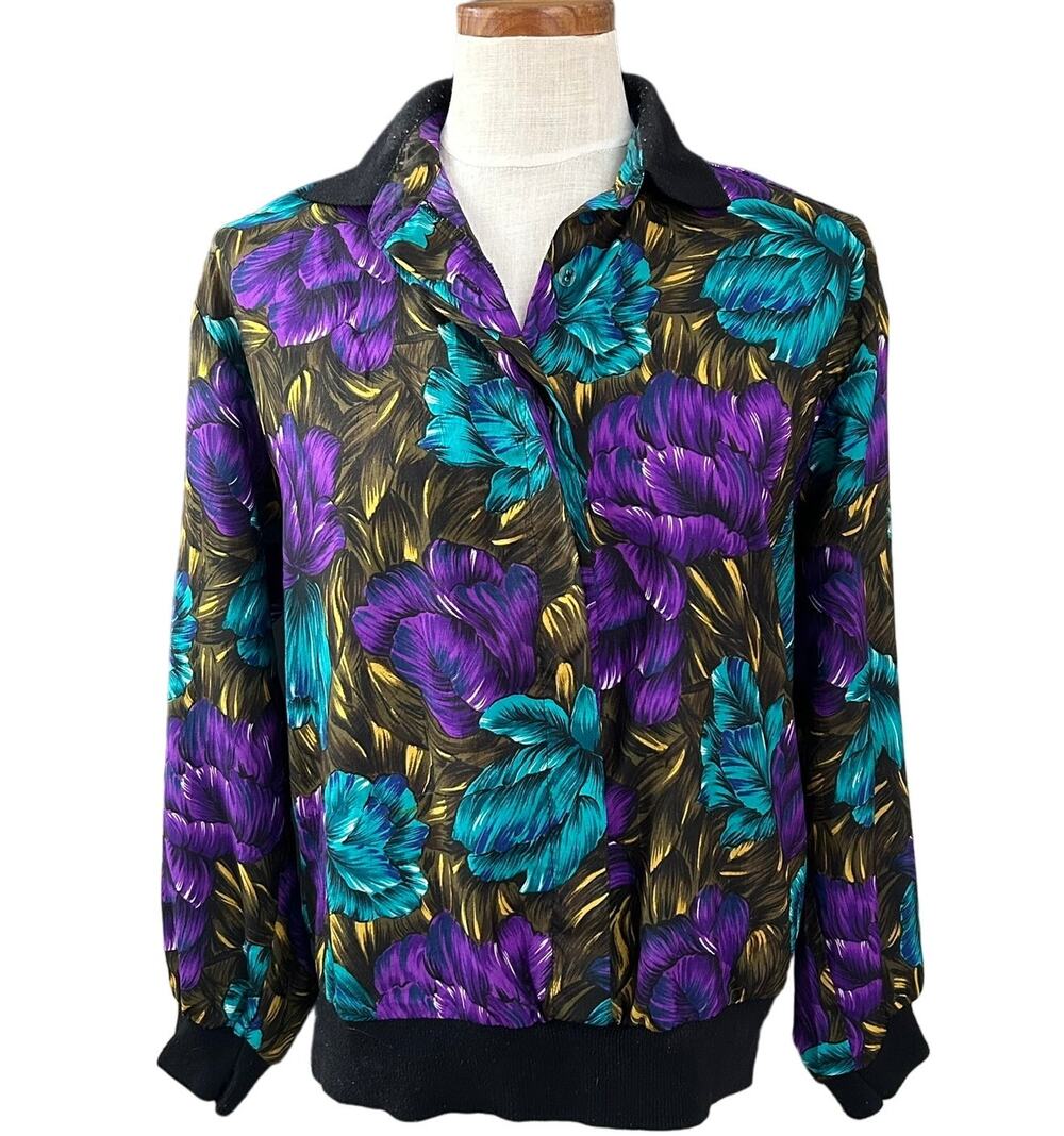 Vintage 80s Gianna Floral Bomber Jacket Size M Artsy Colorful AOP Banded Retro
